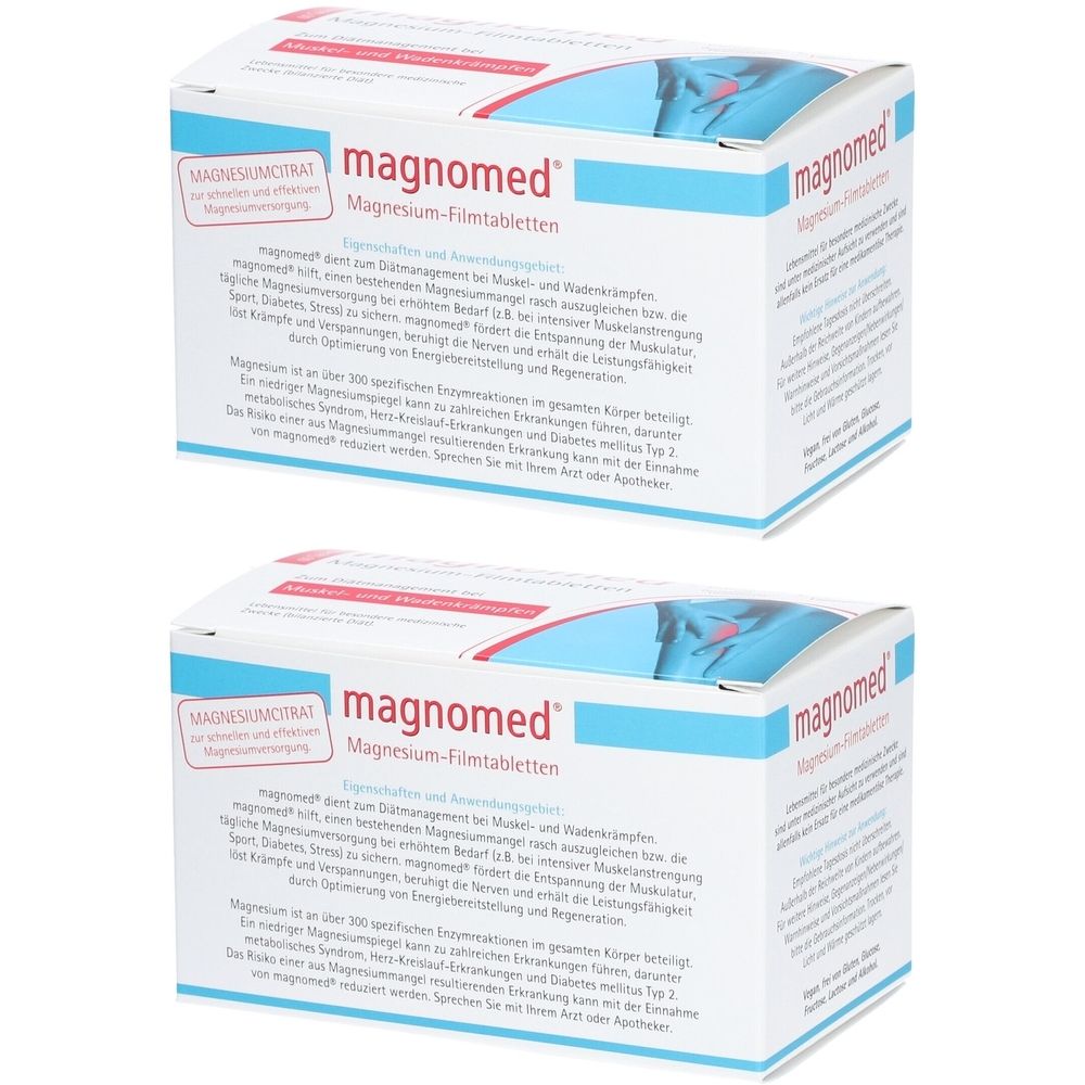 Deux boîtes de magnomed® comprimés pelliculés au magnésium. Emballage blanc avec design bleu et rouge. Nom et description du produit visibles.