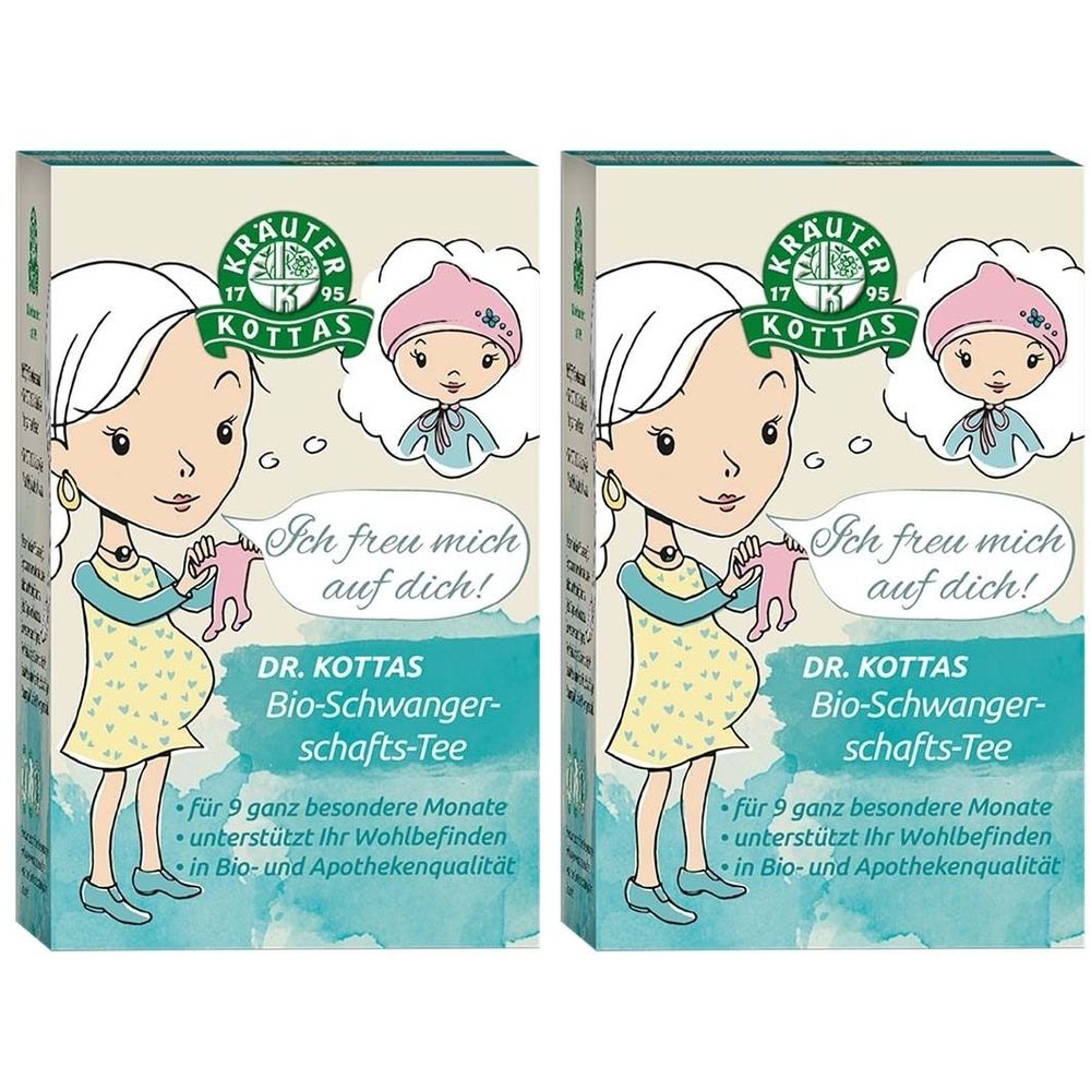 Deux boîtes de DR. KOTTAS Bio-Schwangerschafts-Tee. Illustration d'une femme enceinte, bulle de texte, logo, texte. Vert, bleu, jaune et blanc.
