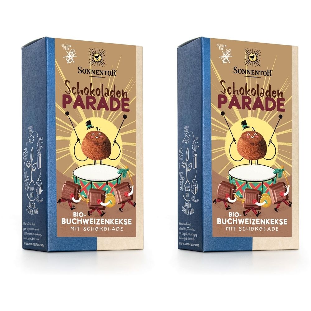 Deux boîtes rectangulaires. Inscription : Schokoladen Parade, Bio-Buchweizenkekse mit Schokolade. Marque : SonnentoR.