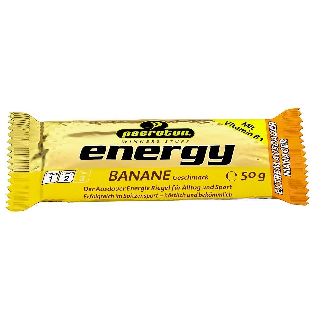 Gelber Riegel mit Aufschrift "energy BANANE". Enthält Vitamin B1. Gewicht: 50g. Marke: peeroton.