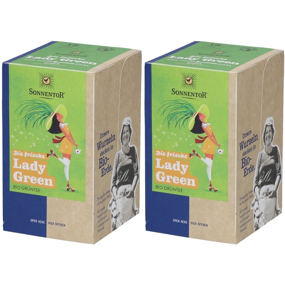 Deux boîtes rectangulaires. Impression : "Sonnentor", "Lady Green" et une illustration d'une femme. Qualité biologique.