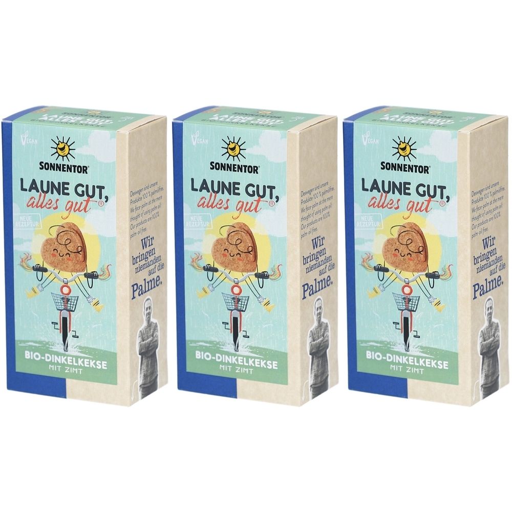 Trois boîtes rectangulaires. Inscription : SonnentoR, Laune gut, alles gut. Illustration d'un cœur sur un vélo. Bio-Dinkelkekse mit Zimt.