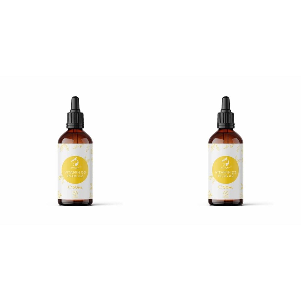 Deux flacons en verre brun avec compte-gouttes noir. Étiquette avec cercle jaune et texte. Inscription : VITAMIN D3 PLUS K2.