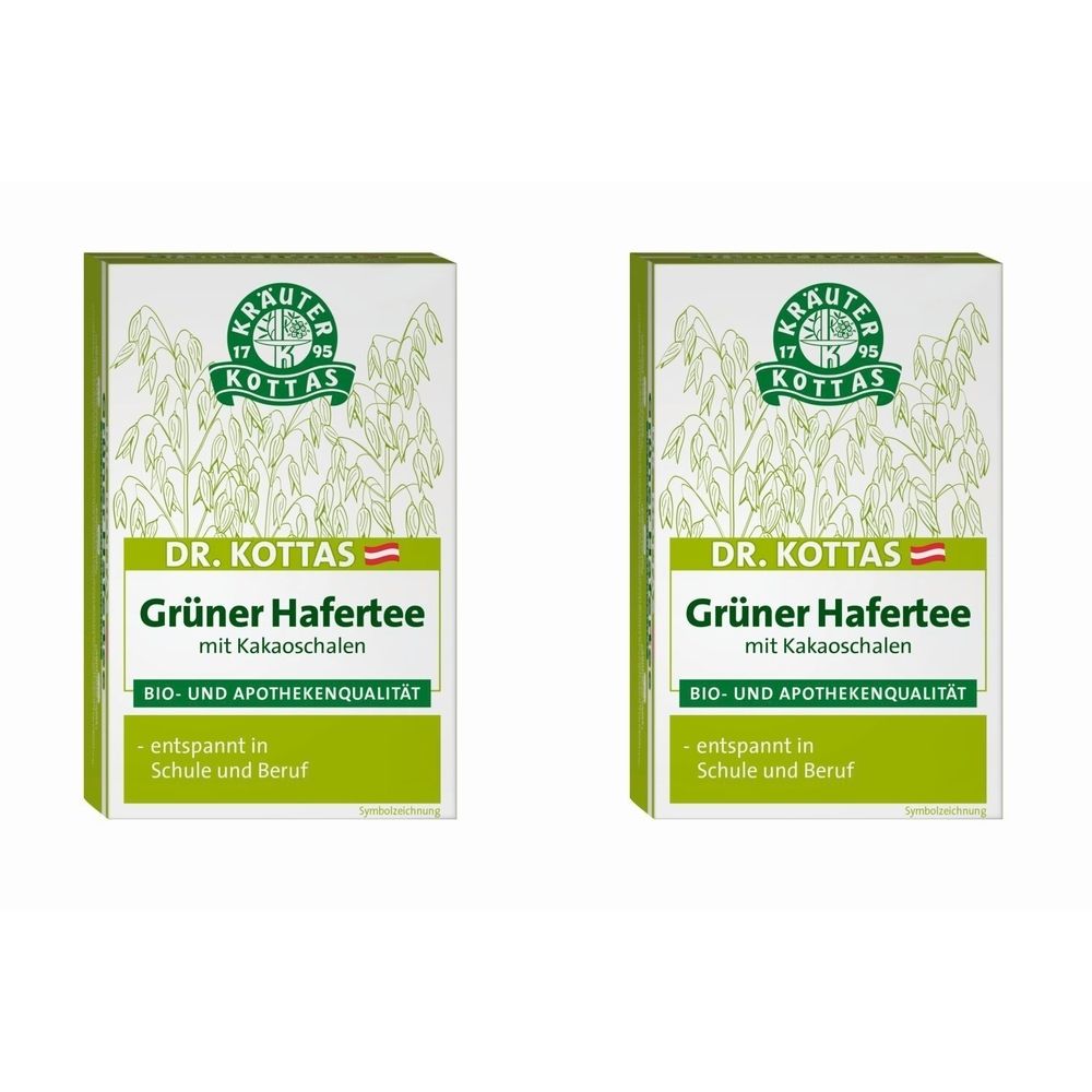 Deux boîtes vertes de "DR. KOTTAS Grüner Hafertee mit Kakaoschalen". Texte : Qualité bio et pharmacie. Détente à l'école et au travail.
