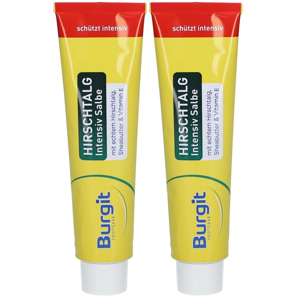 Deux tubes de Burgit Hirschtalg Intensiv Salbe. Tubes jaunes avec bouchon rouge et fermeture blanche. Texte: Hirschtalg, beurre de karité, vitamine E.