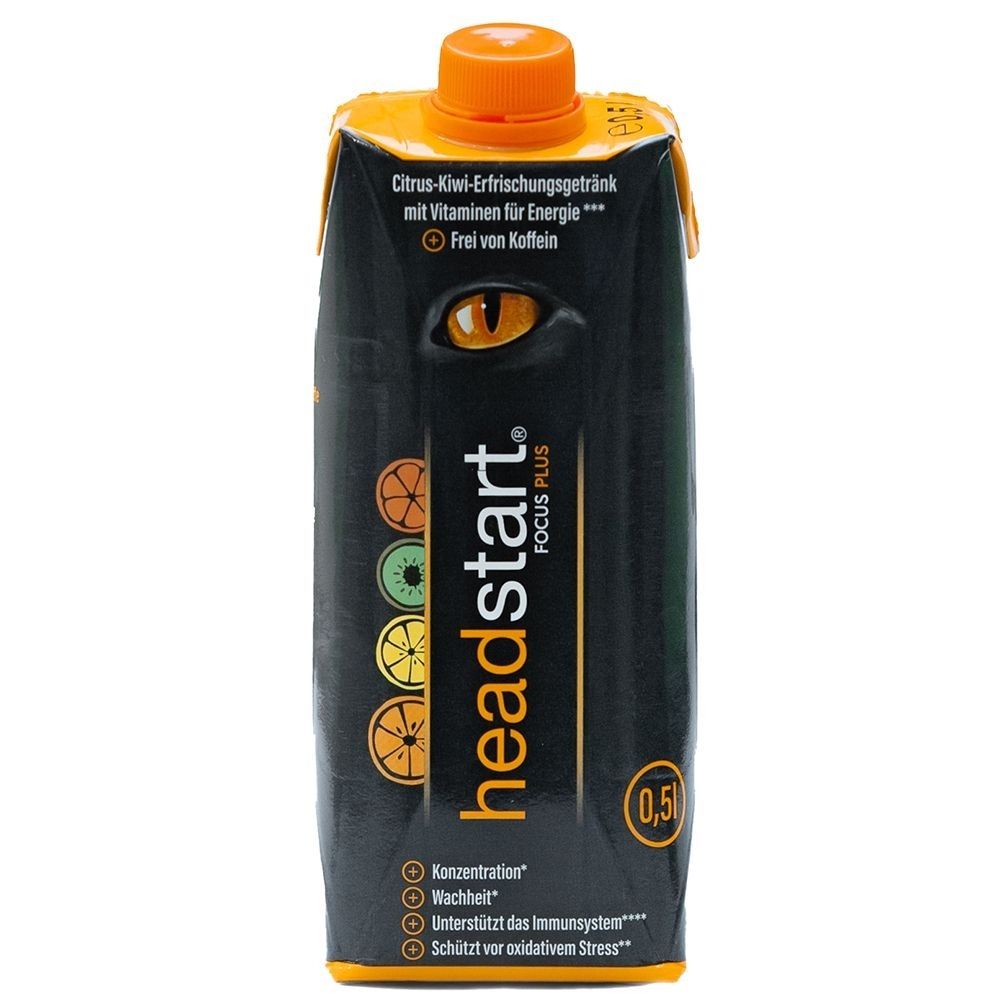 Schwarze Getränkepackung mit orangefarbenem Deckel. Aufschrift: headstart FOCUS PLUS. Enthält 0,5l. Text: Citrus-Kiwi-Erfrischungsgetränk, frei von Koffein.