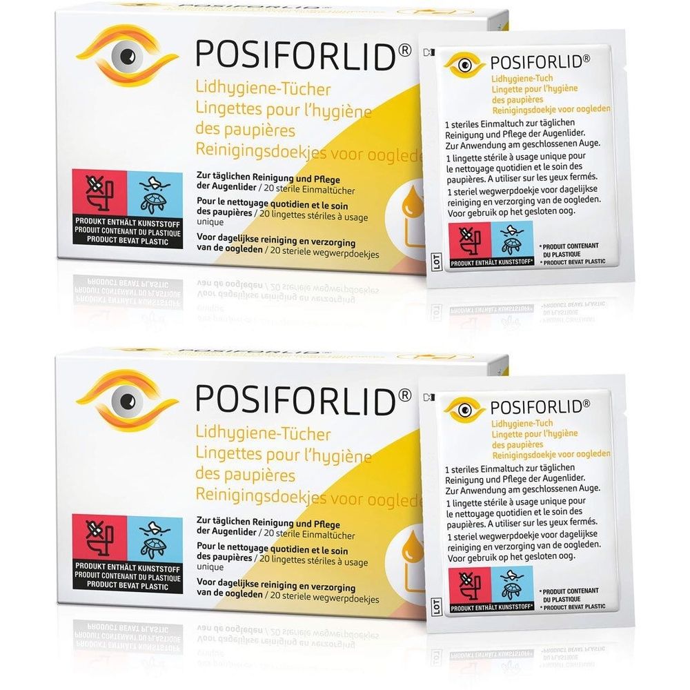 Deux boîtes de POSIFORLID Lidhygiene-Tücher. Boîtes blanches avec des accents jaunes et des informations sur le produit. Lingettes individuelles.
