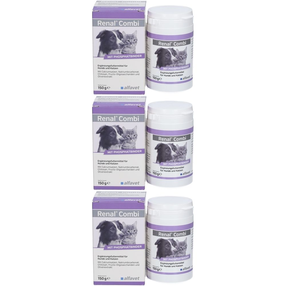 Trois boîtes et pots de Renal Combi. Un chien et un chat sont représentés sur les emballages. Inscription : Mit Phosphatbinder.