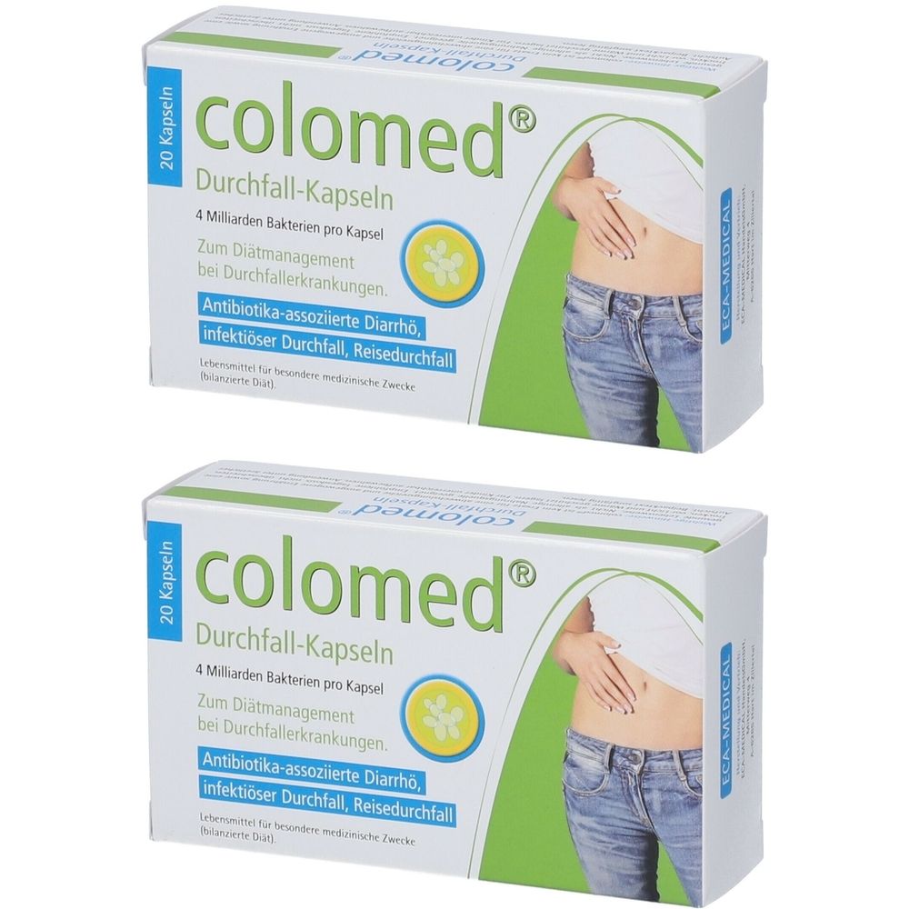 Deux boîtes de colomed® Durchfall-Kapseln. Emballage blanc avec des accents verts et bleus. Texte : 20 Kapseln, colomed®, Durchfall-Kapseln.
