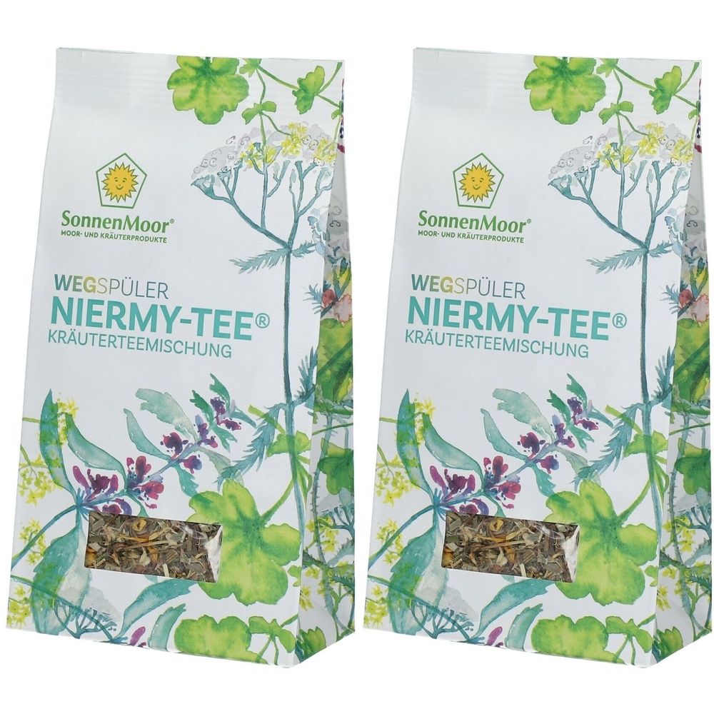 Deux sachets de mélange de tisane. Inscription : SonnenMoor, WEGSPÜLER NIERMY-TEE®, Kräuterteemischung. Fenêtre avec herbes.
