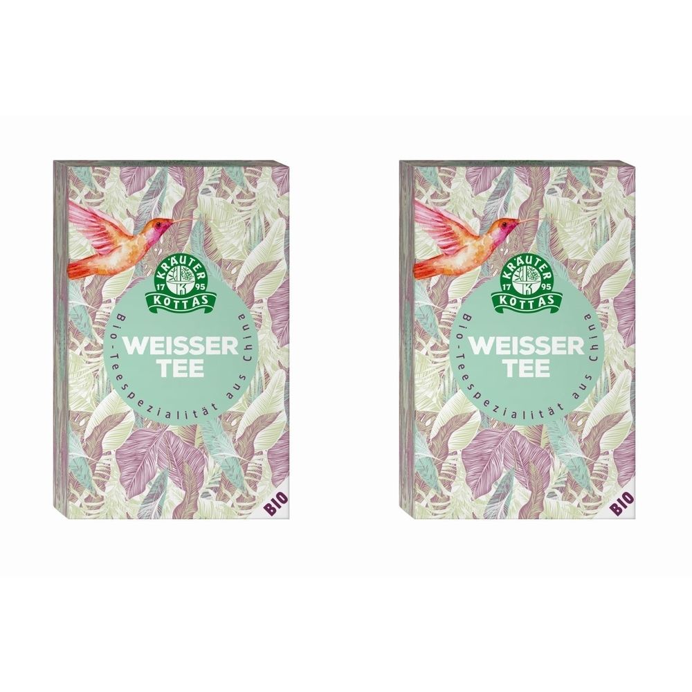 Deux boîtes rectangulaires. Impression : logo, oiseau, texte "Weisser Tee". Fond avec des feuilles.