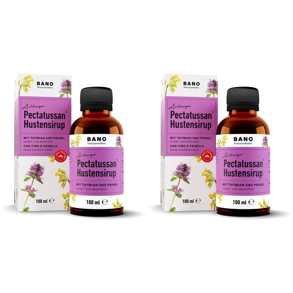 Zwei Flaschen Hustensirup mit Verpackung. Aufschrift: Pectatussan Hustensirup, BANO. Braune Flaschen, schwarze Deckel.
