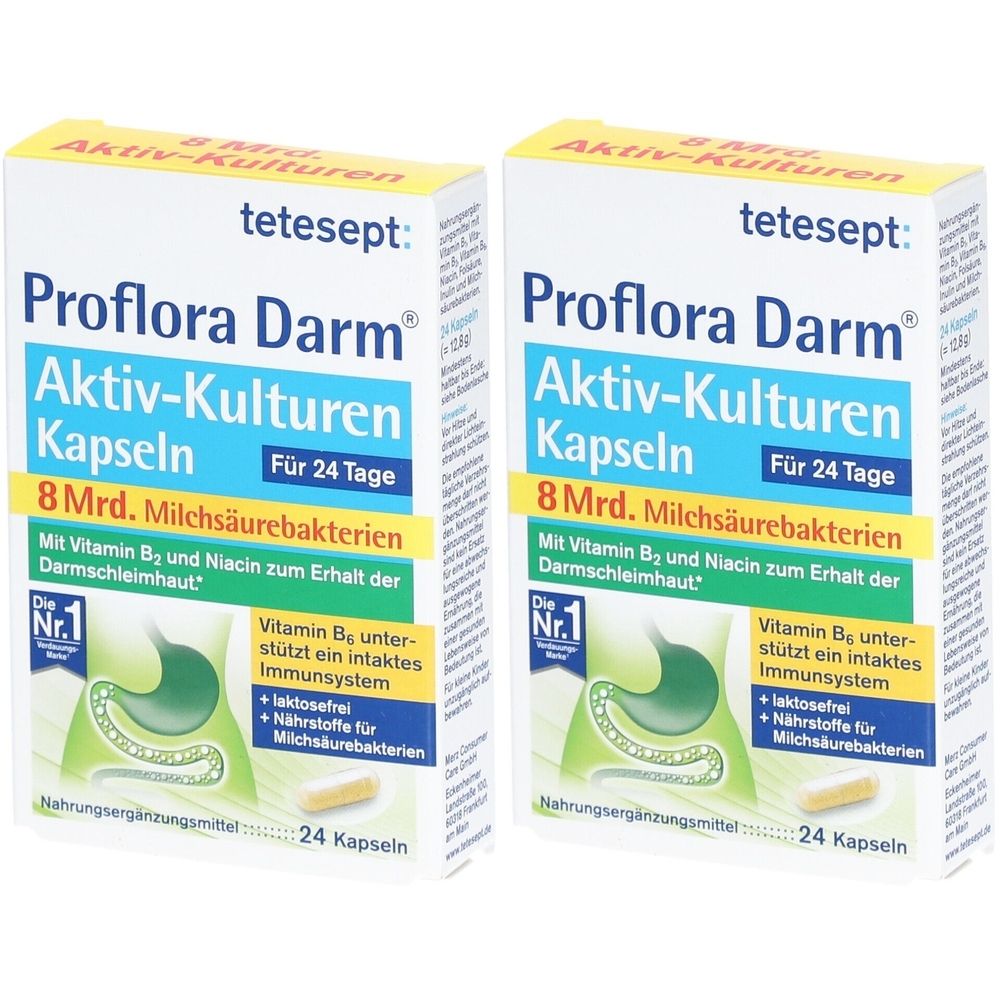 Zwei Packungen tetesept Proflora Darm Aktiv-Kulturen Kapseln. Weiße Schachteln mit blauer, grüner und gelber Schrift. Enthält 24 Kapseln.