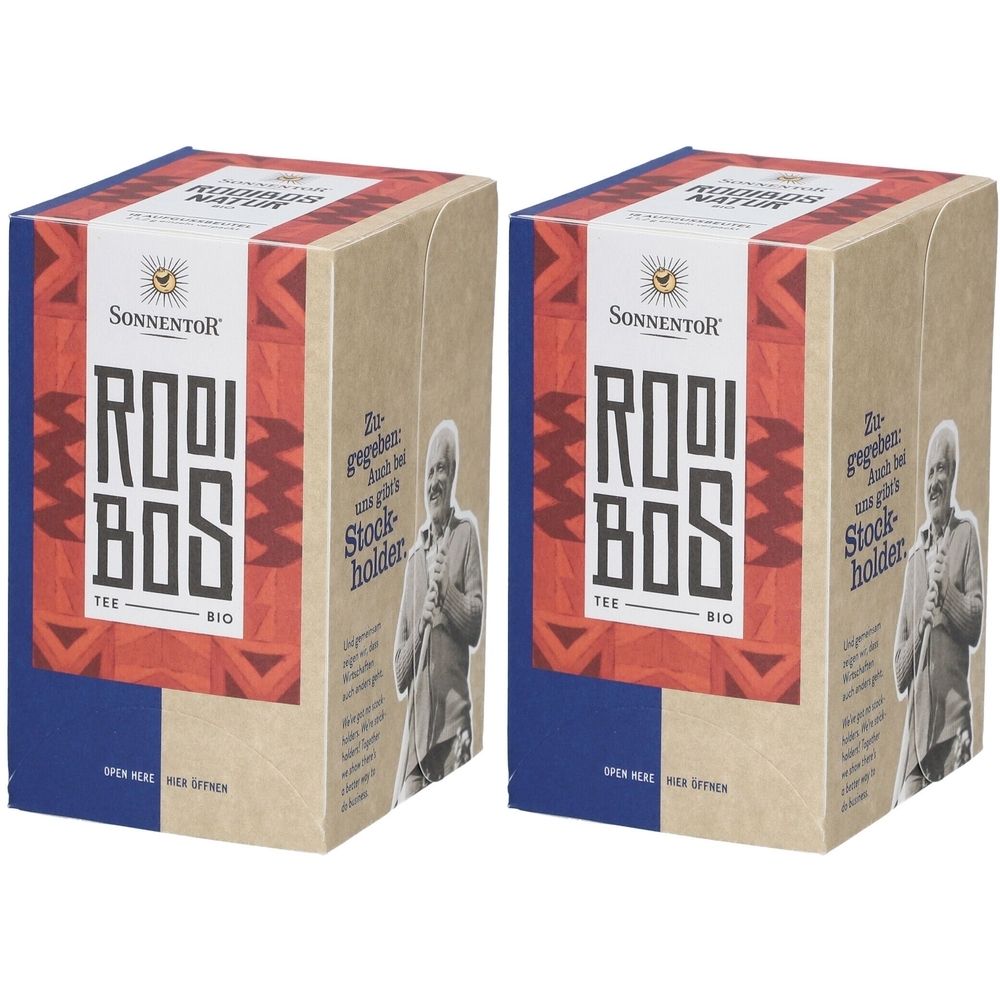 Deux boîtes de thé rectangulaires. Inscription : SonnentoR Rooibos Tee Bio. Emballage avec motif rouge et bord bleu. Image d'une personne.