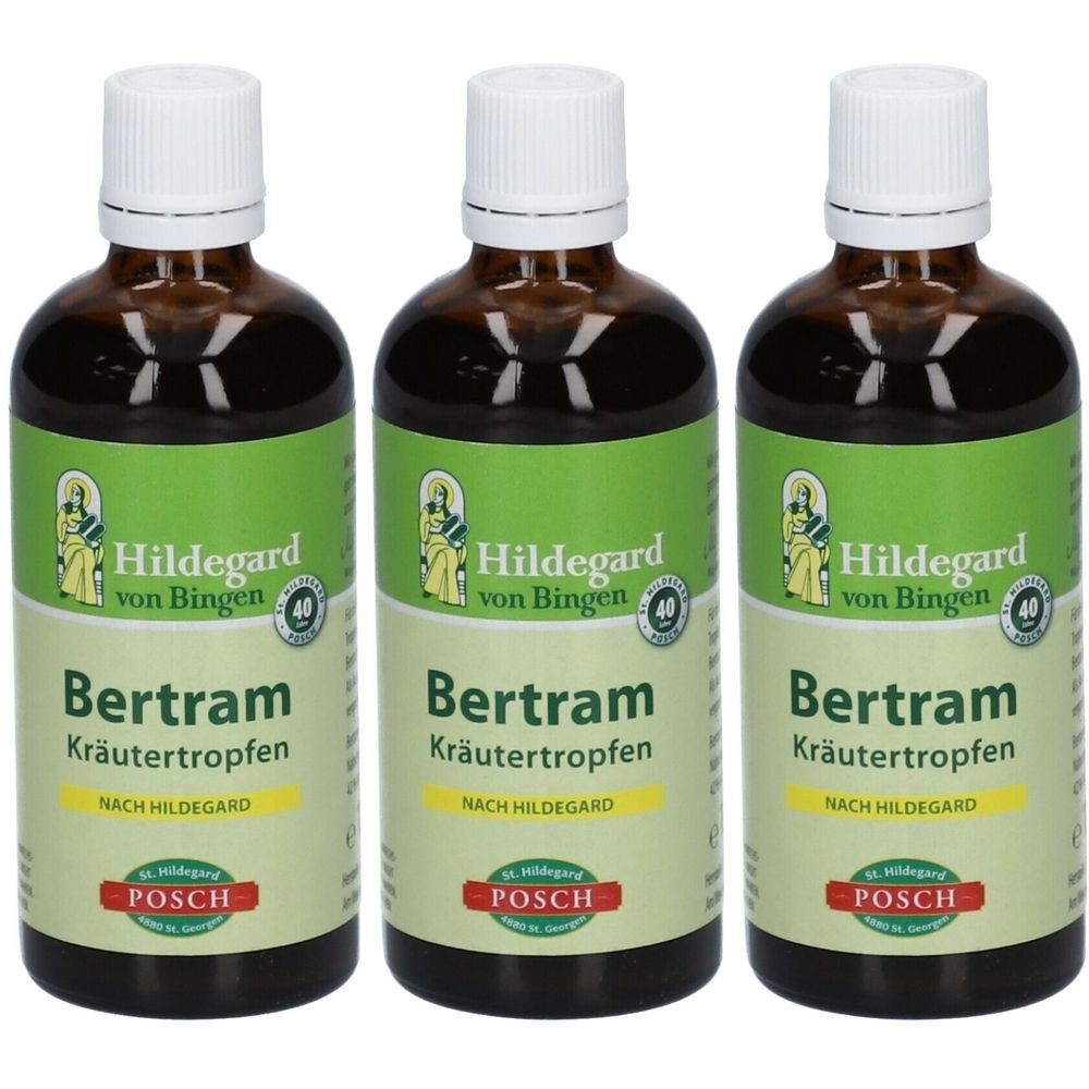 Drei braune Glasflaschen mit weißen Deckeln. Auf den Etiketten steht "Bertram Kräutertropfen" und "Hildegard von Bingen".