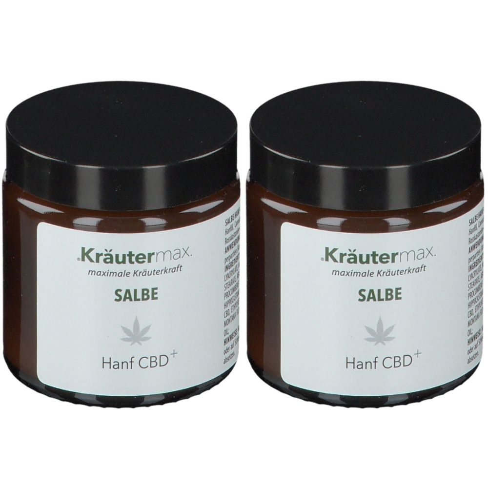 Deux pots bruns avec couvercles noirs. L'étiquette indique « Kräutermax », « Salbe » et « Hanf CBD+ ».