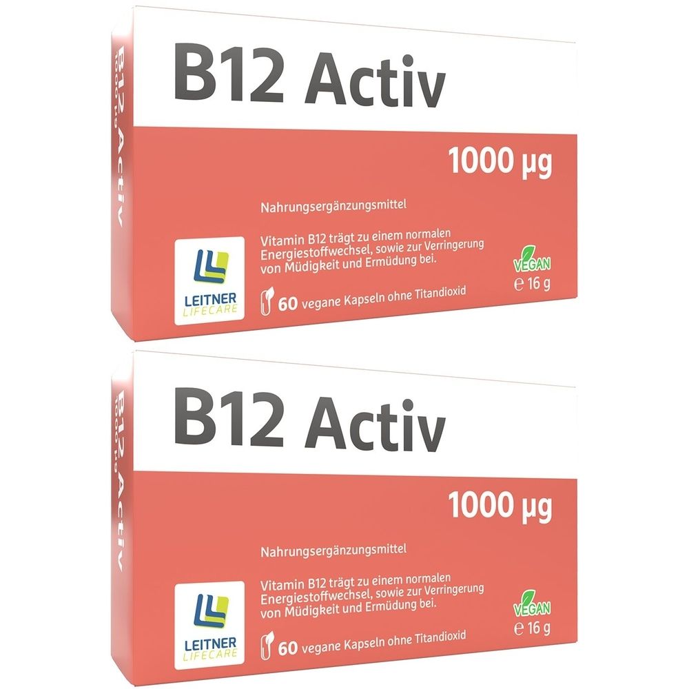 Deux boîtes de B12 Activ. Inscription : 1000 µg, 60 gélules végétales. Marque : LEITNER. Label végétalien. Emballage rouge et blanc.
