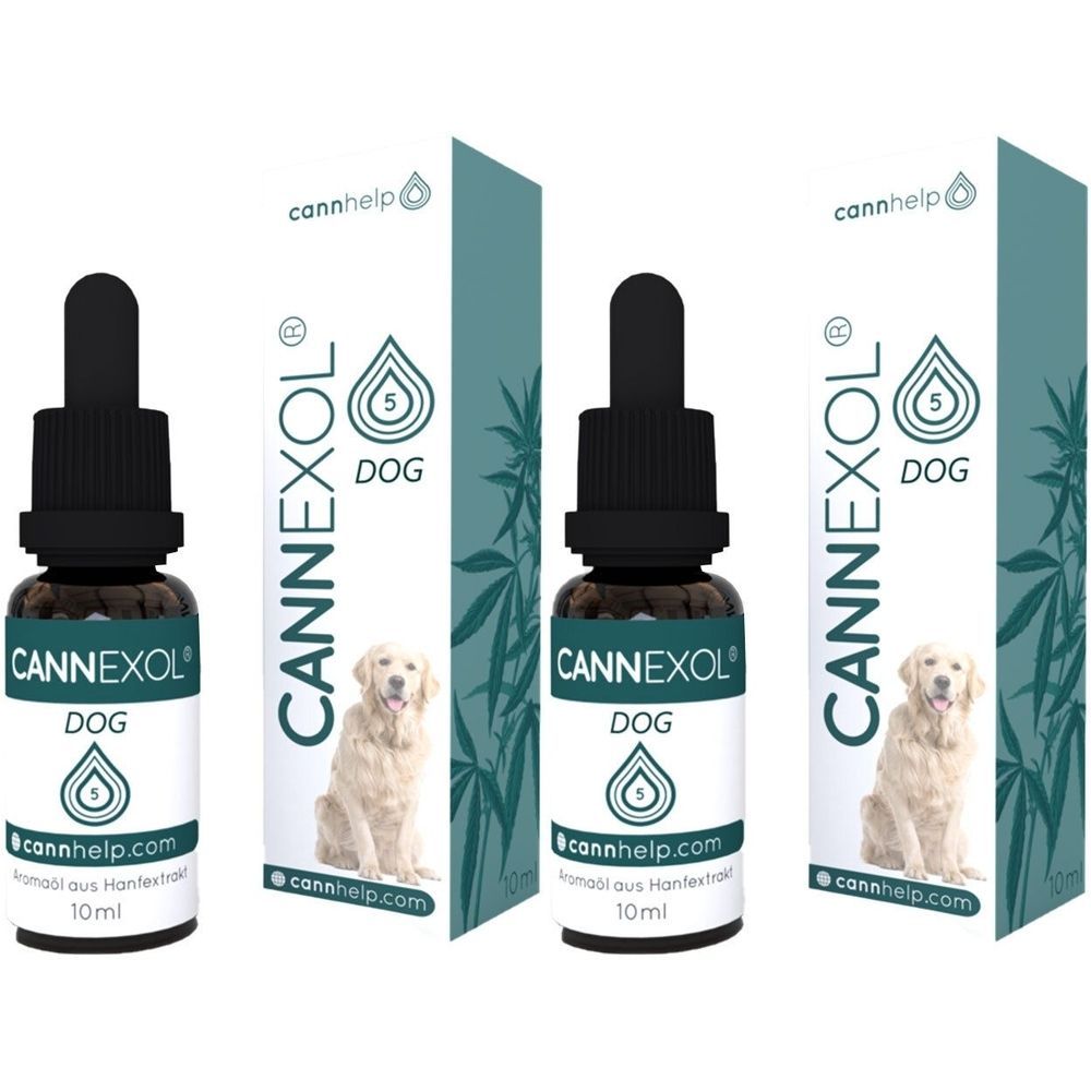 Trois flacons CANNEXOL® DOG avec compte-gouttes et emballage. Inscription: DOG, cannhelp.com, 10 ml. Image d'un chien sur l'emballage.