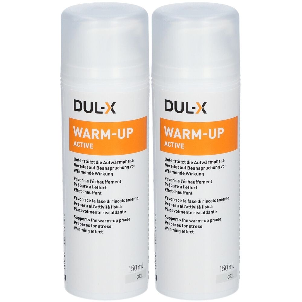Deux flacons blancs avec étiquettes oranges. Inscription: DUL-X WARM-UP ACTIVE. Texte multilingue. 150ml.
