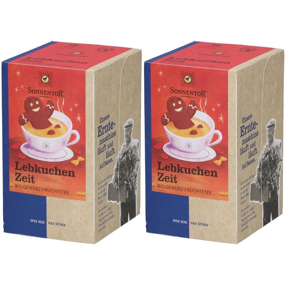 Deux boîtes de thé Lebkuchen Zeit. Impression : bonhomme en pain d'épices dans une tasse, logo SonnentoR. Bio-thé aux fruits et épices.