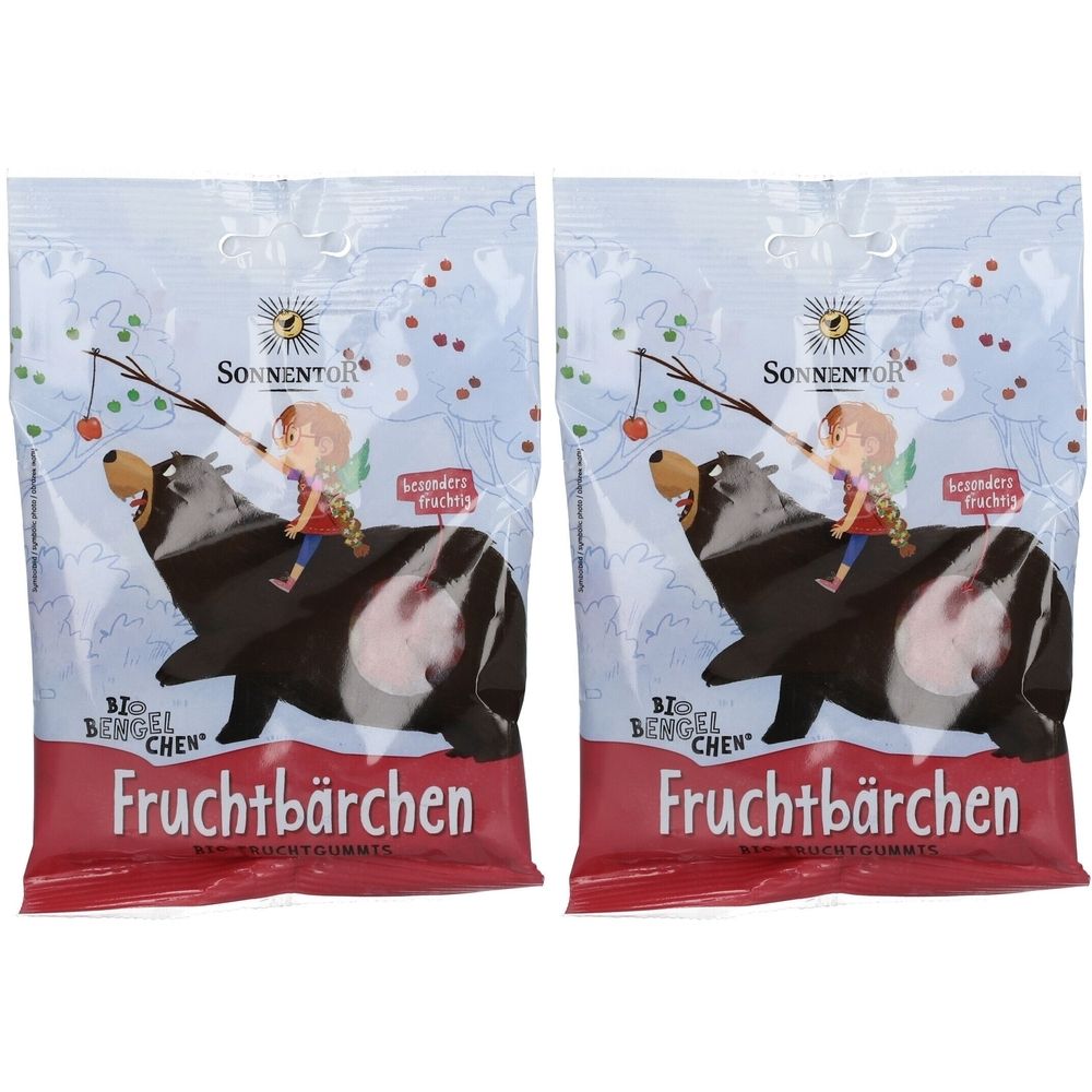 Deux sachets de Fruchtbärchen. Emballage avec illustration d'un ours et enfant. Logo SonnentoR en haut. Bande rouge en bas avec nom du produit.