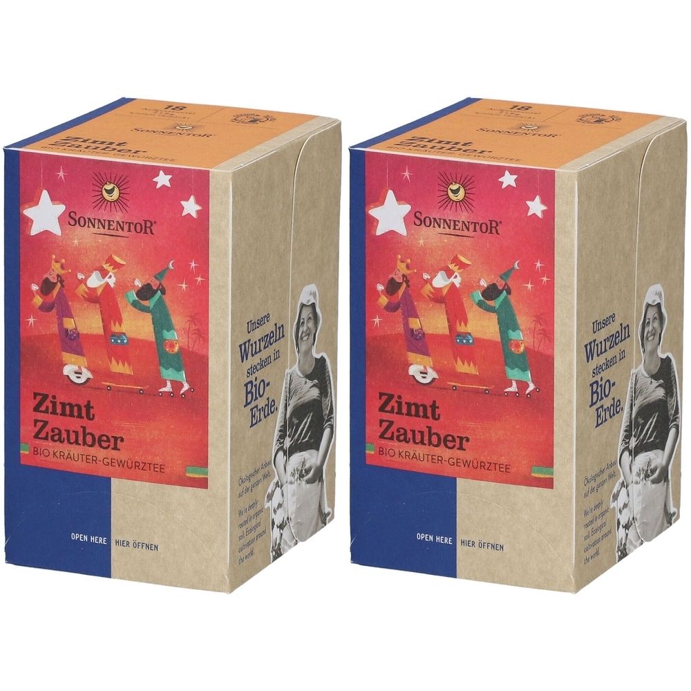 Deux boîtes rectangulaires avec le logo SonnentoR et l'impression Zimt Zauber. Inscriptions en allemand. Illustration de personnages et d'étoiles.