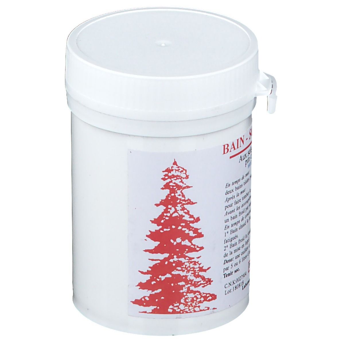 Weiße Dose mit Etikett, das einen roten Baum zeigt, mit Kiefernnadel-Badezusatz von Colman Souverain.