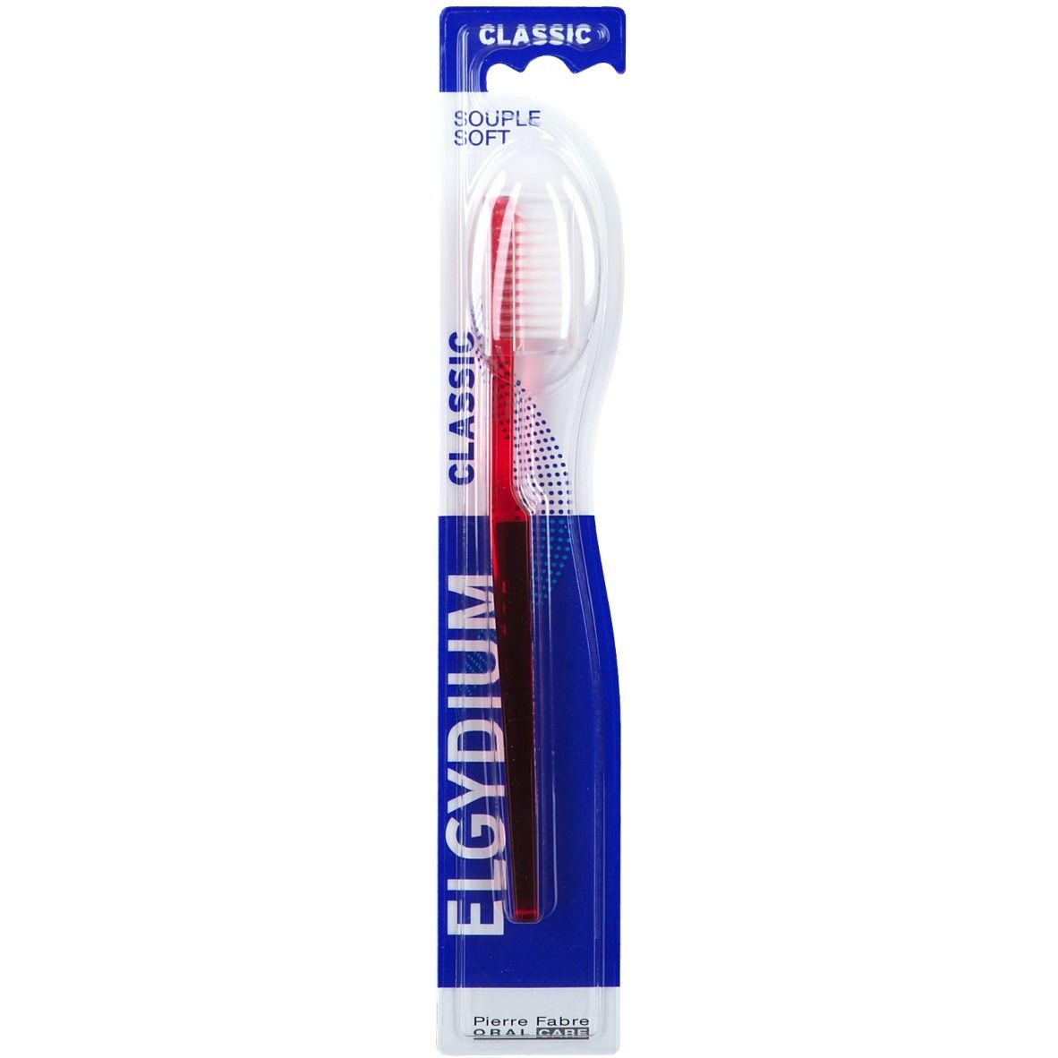 Elgydium Classic Soft Zahnbürste in Rot und Weiß, verpackt.