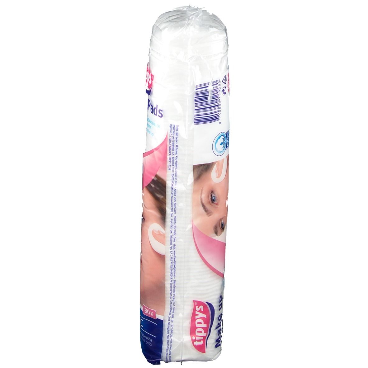 Emballage cylindrique de tampons de maquillage. Inscription: Tippys, Make up Pads. Vue latérale avec code-barres.