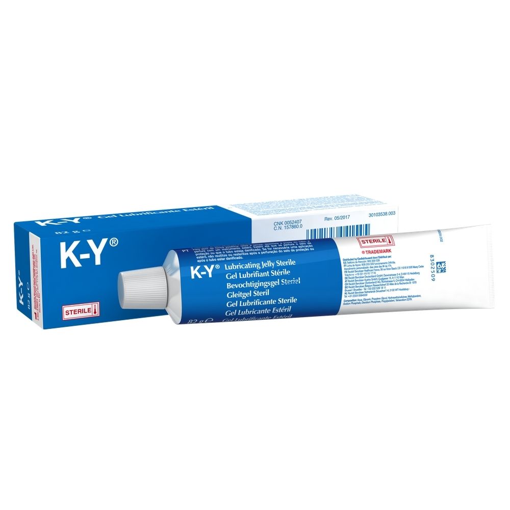 Tube et boîte bleues et blanches. La tube indique "K-Y® Lubricating jelly Sterile". La boîte affiche également le nom de la marque.