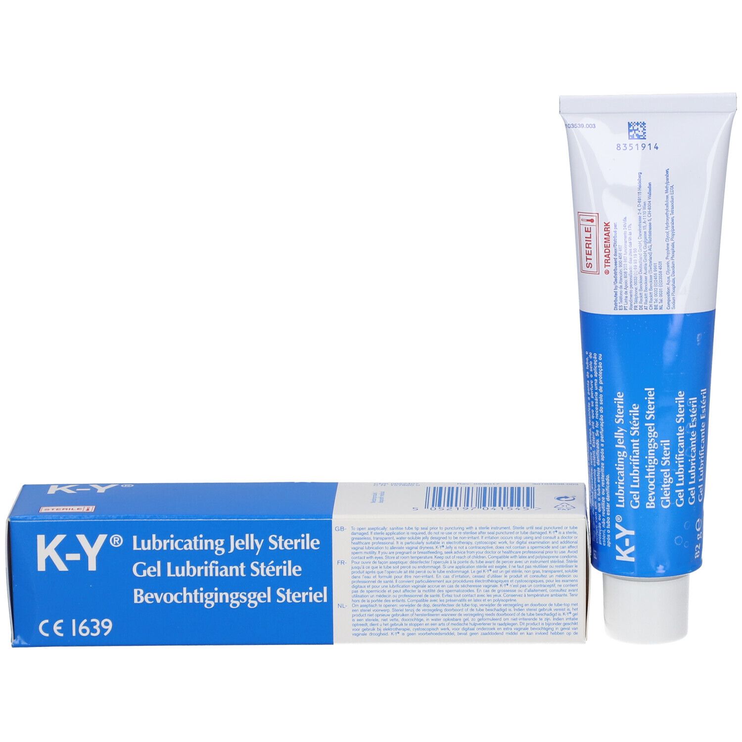 K-Y Gleitgel-Tube und Faltschachtel, beide steril und mit CE-Kennzeichnung.