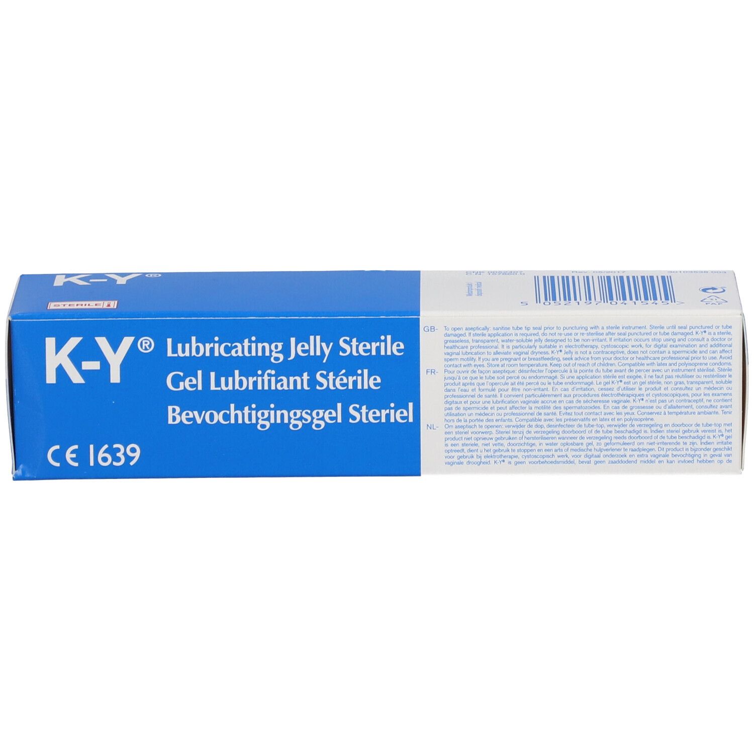 Faltschachtel für K-Y Gleitgel, steril, mit Produktinformationen und CE-Kennzeichnung.