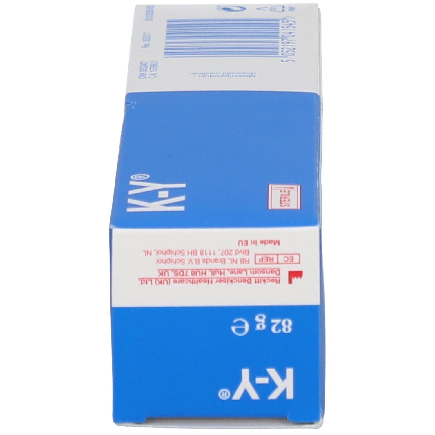 Seitenansicht einer K-Y Gleitgel-Faltschachtel mit Gewichtsangabe (82g) und Herstellerinformationen.