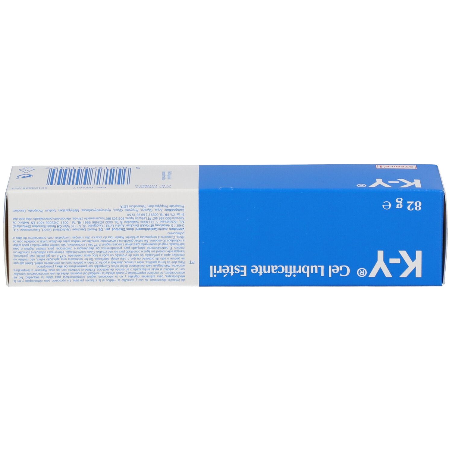 Unterseite einer K-Y Gleitgel-Faltschachtel mit Gewichtsangabe (82g) und Produktbezeichnungen.