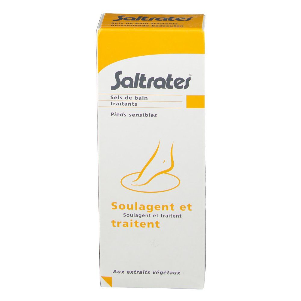 Boîte de Saltrates. Inscription : Sels de bain traitants, Pieds sensibles. Illustration d'un pied.