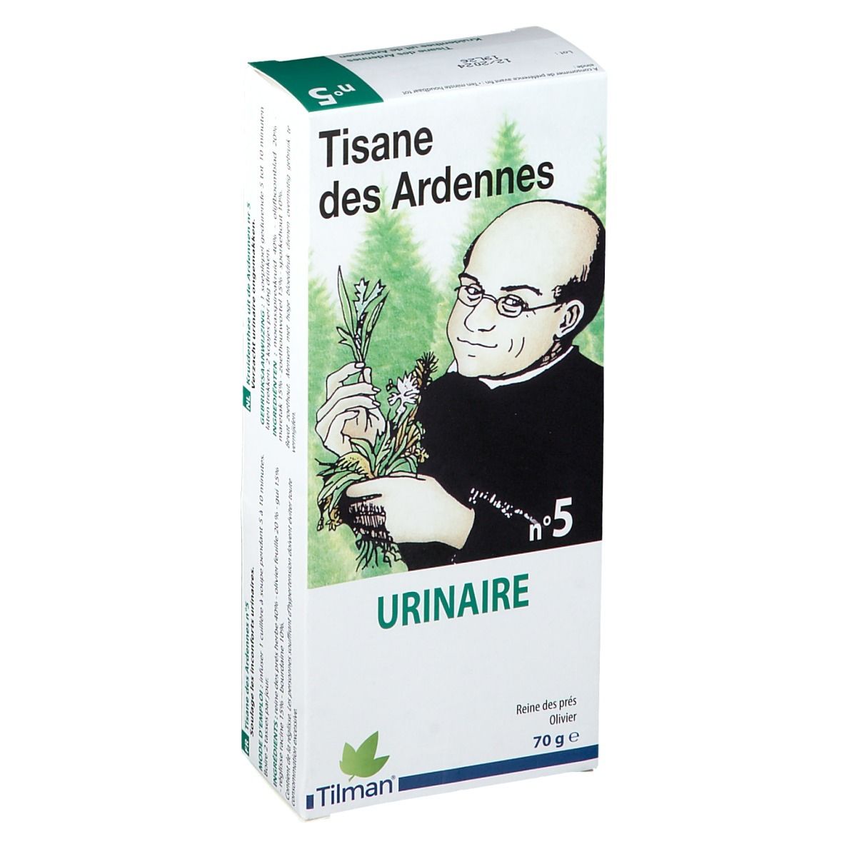 Verpackung Kräutertee, Abbildung eines Mannes mit Kräutern. Text: Tisane des Ardennes, Urinaire, Nr. 5, Tilman.