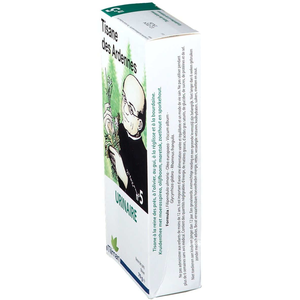 Kräutertee-Verpackung, Seitenansicht. Text: Tisane des Ardennes, Urinaire, Nr. 5, Tilman. Inhaltsstoffe und Gebrauchsanweisung.