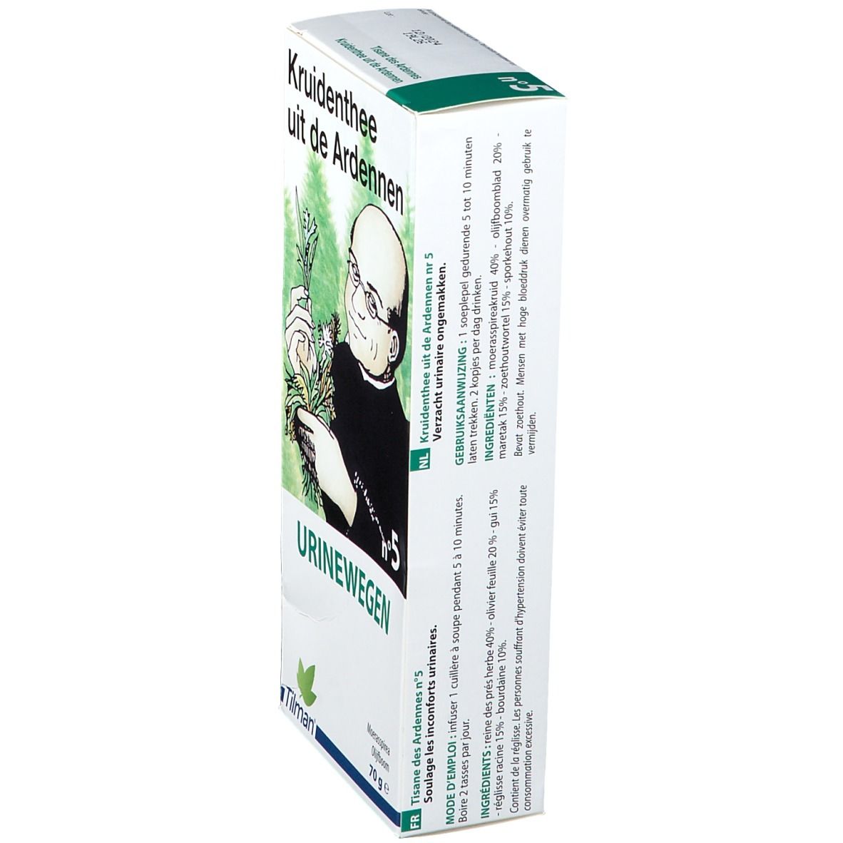 Kruidenthee-Verpackung, Seitenansicht. Text: Kruidenthee uit de Ardennen, Urinewegen, Nr. 5, Tilman. Gebrauchsanweisung und Inhaltsstoffe.