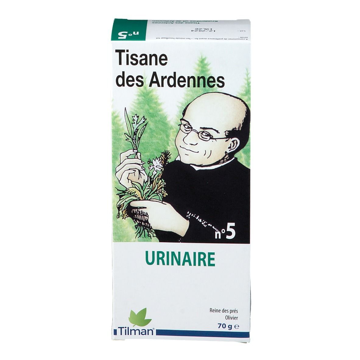Kräutertee-Verpackung, Frontansicht. Abbildung eines Mannes mit Kräutern. Text: Tisane des Ardennes, Urinaire, Nr. 5, Tilman.