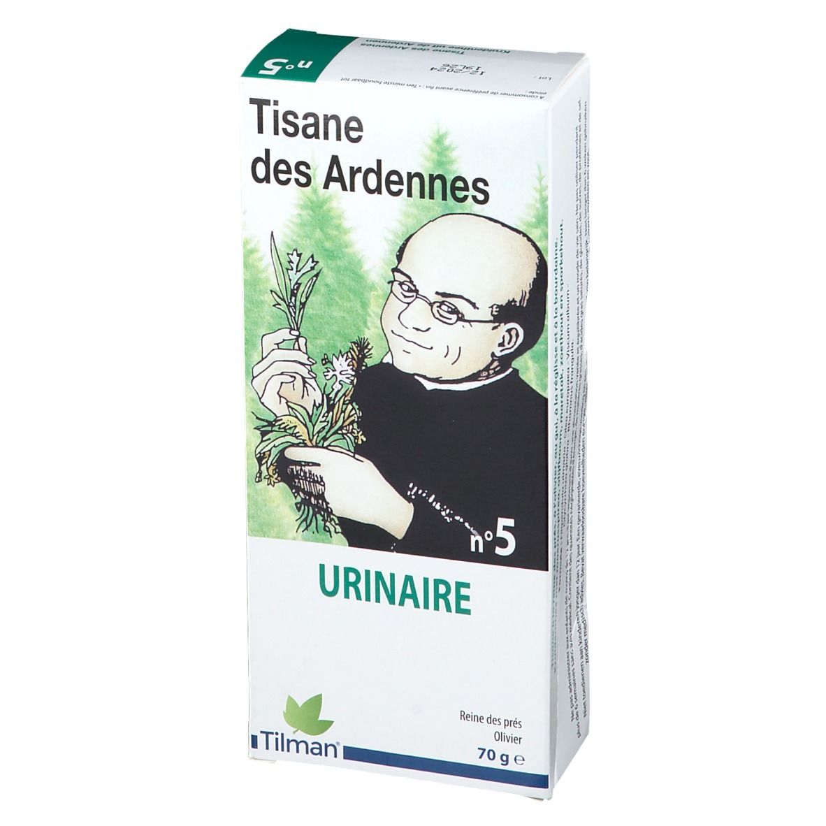 Kräutertee-Verpackung, Frontansicht. Abbildung eines Mannes mit Kräutern. Text: Tisane des Ardennes, Urinaire, Nr. 5, Tilman.