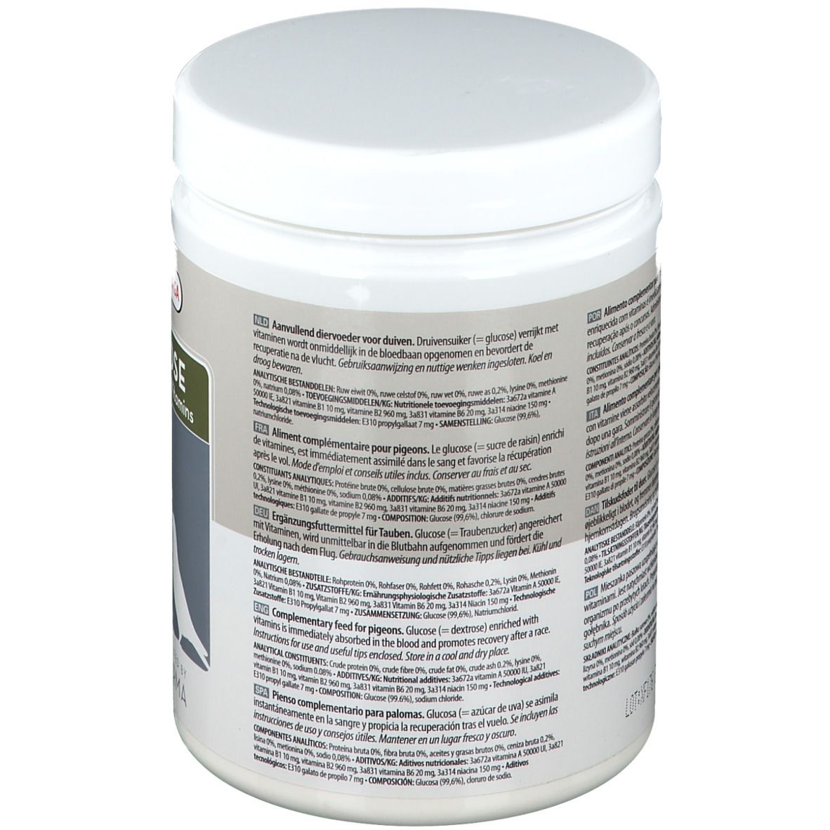 Rückseite der weißen Dose. Text in mehreren Sprachen. Enthält Informationen über Inhaltsstoffe und Anwendung.