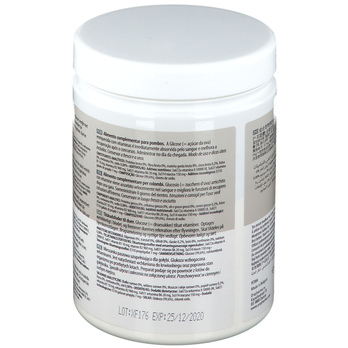 Rückseite der weißen Dose. Text in mehreren Sprachen. Enthält Informationen über Inhaltsstoffe und Anwendung.