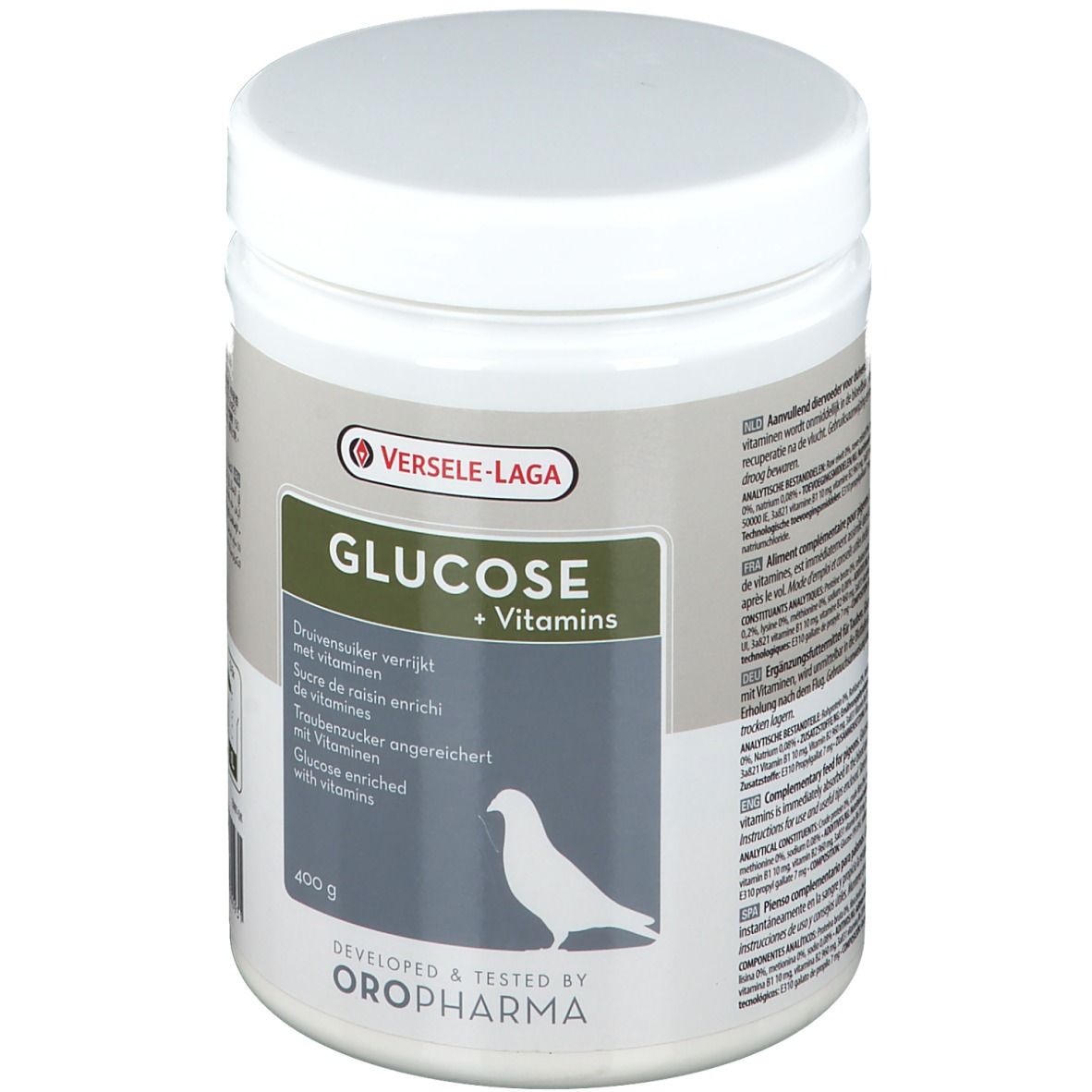 Weiße Dose mit Deckel. Aufschrift: GLUCOSE + Vitamins. Logo: VERSELE-LAGA. Enthält 400 g. Mit Vogel-Silhouette.