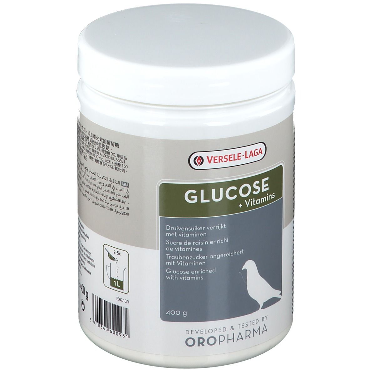 Weiße Dose mit Deckel. Aufschrift: GLUCOSE + Vitamins. Logo: VERSELE-LAGA. Enthält 400 g. Mit Vogel-Silhouette. 1L-Markierung.