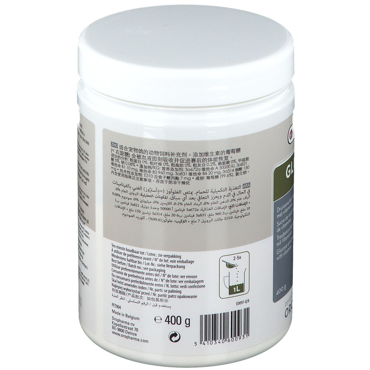 Rückseite der weißen Dose. Text in mehreren Sprachen. Enthält Informationen über Inhaltsstoffe und Anwendung. 1L-Markierung.