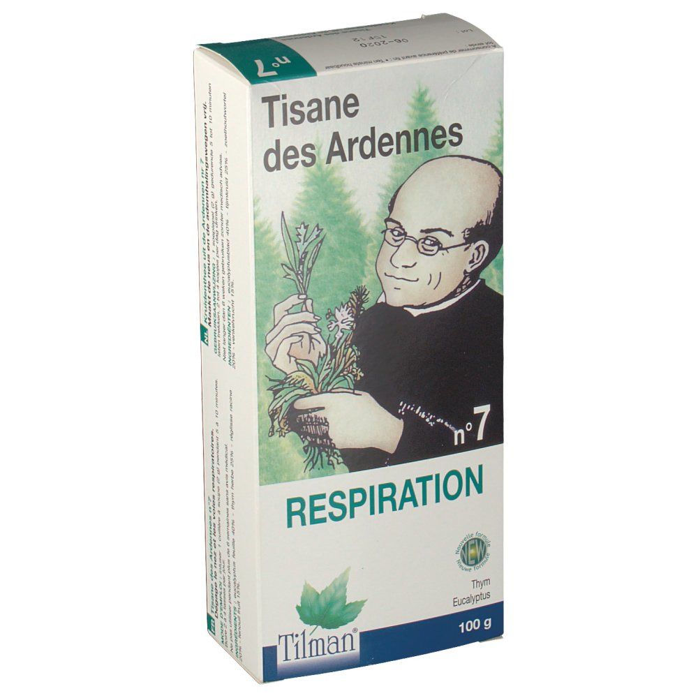 Verpackung von Arden-Tee Nr. 7 Atmung. Aufdruck: Tisane des Ardennes, Nr. 7, Respiration, Tilman-Logo, 100 g.