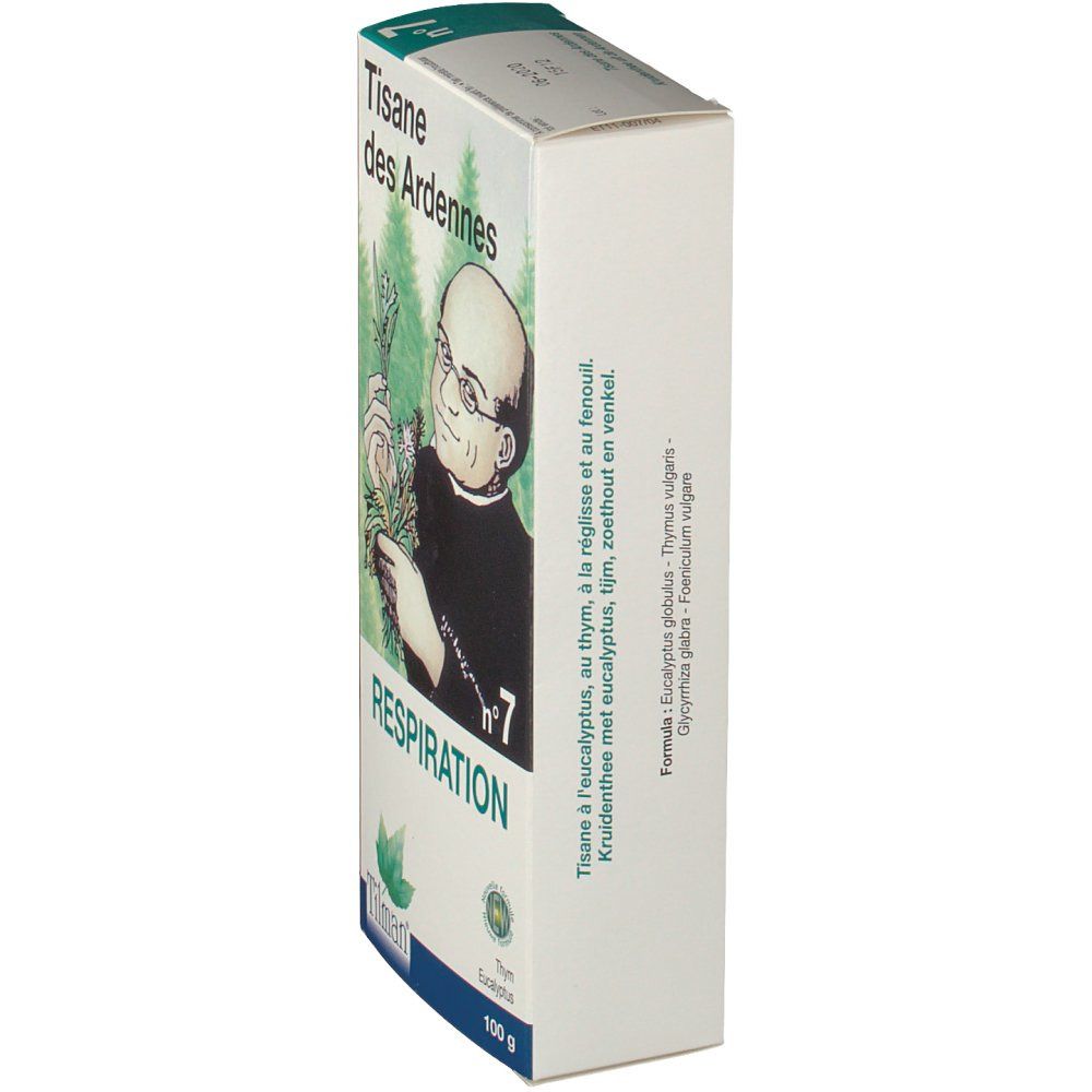 Seitenansicht der Verpackung von Arden-Tee Nr. 7 Atmung. Aufdruck: Tisane des Ardennes, Nr. 7, Respiration, Tilman-Logo, 100 g.