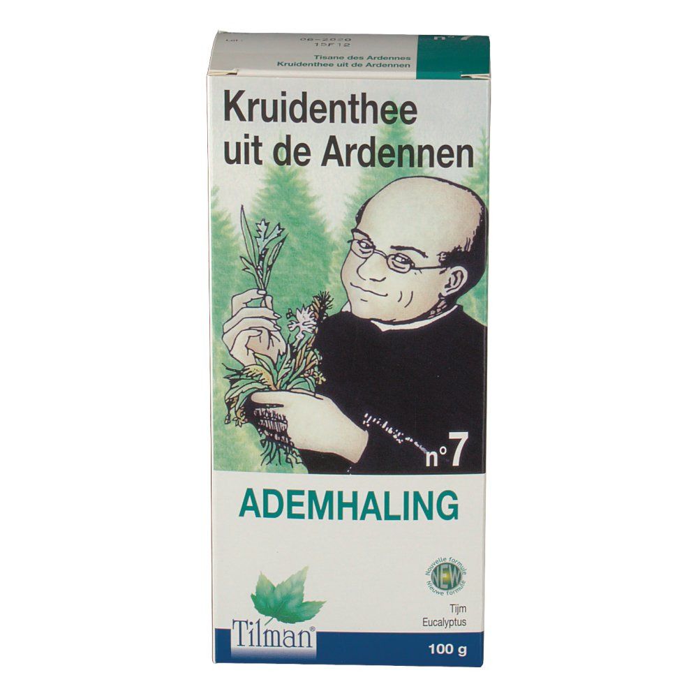 Verpackung von Arden-Tee Nr. 7 Atmung. Aufdruck: Kruidenthee uit de Ardennen, Nr. 7, Ademhaling, Tilman-Logo, 100 g.