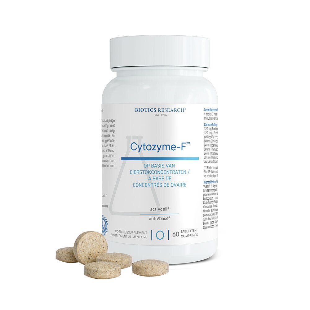 Bouteille blanche avec étiquette Cytozyme-F et 60 comprimés.