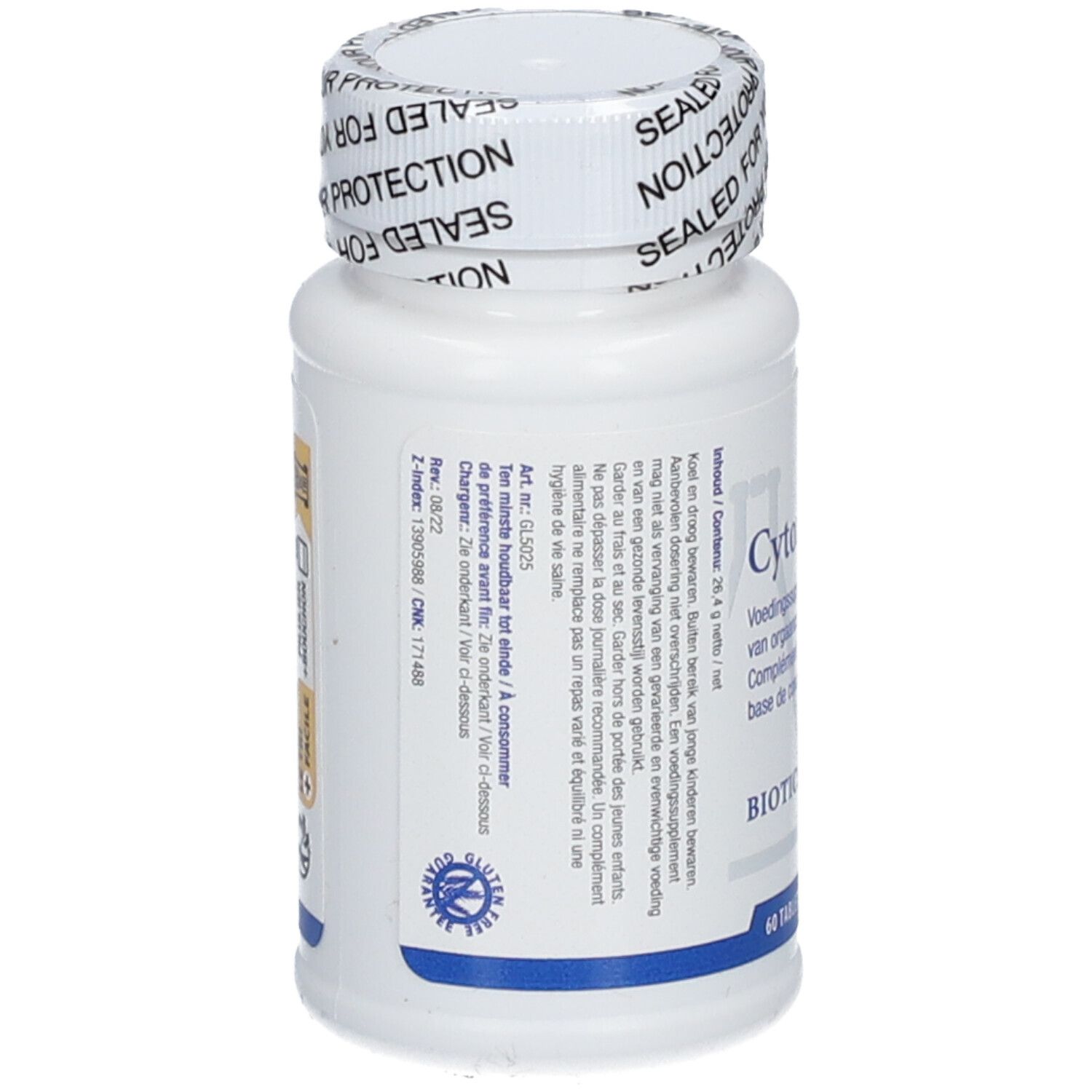 Rückseite einer Cytozyme-F Flasche mit detaillierten Informationen und 60 Tabletten.
